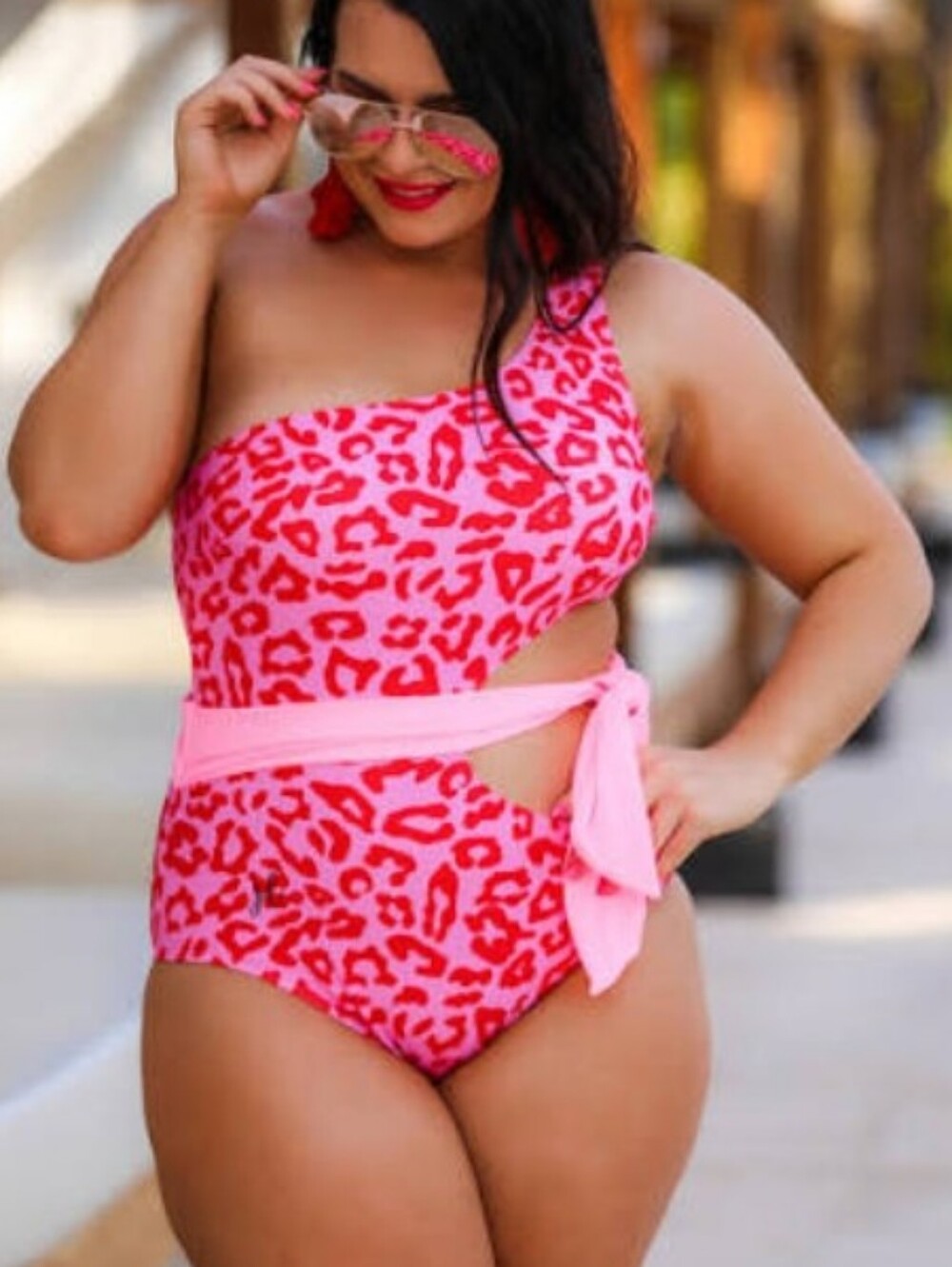 Jess Lea Sunkissed One-Shoulder Pink Leopard Swim Bathing Suit with Tie